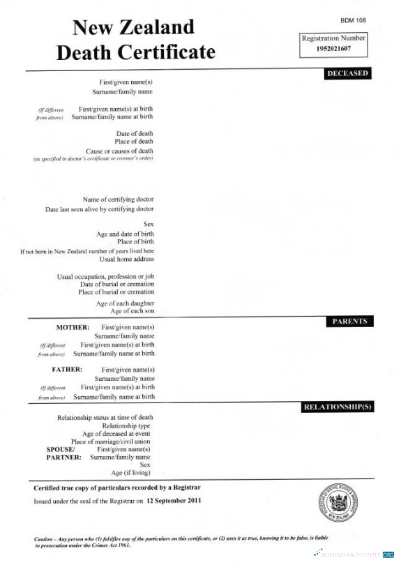 Download New Zealand Registrar office death certificate Photoshop template